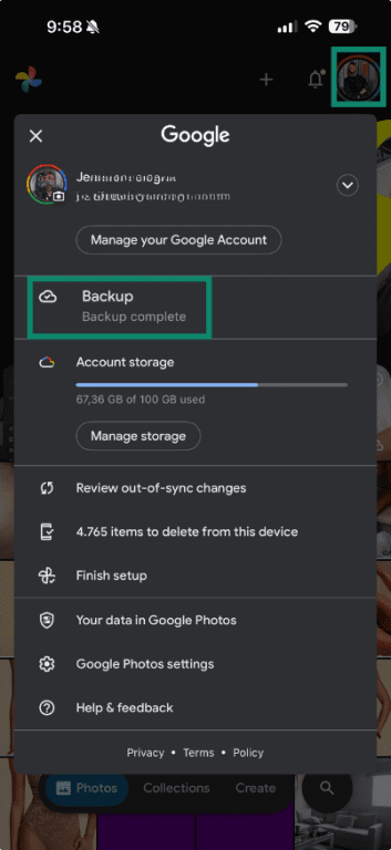 Google Photos backup settings on iPhone.