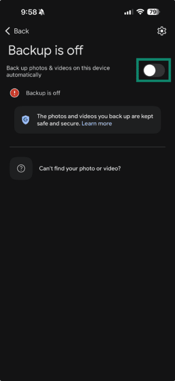Google Photos backup turned off on iPhone.