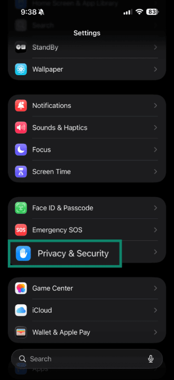 iPhone Privacy & Security settings for Google Photos.