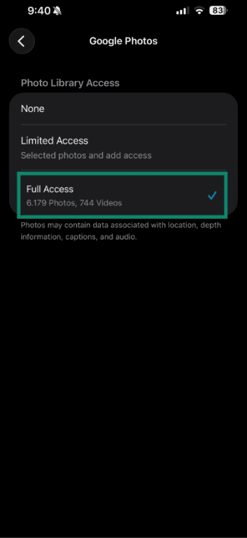 Google Photos full photo access on iPhone.