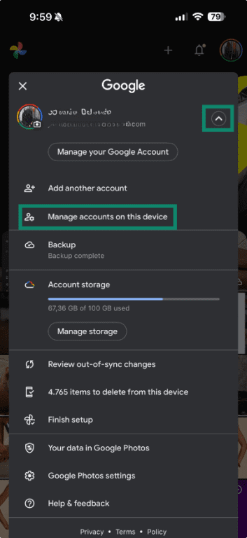 Google account management menu in Google Photos on iPhone.