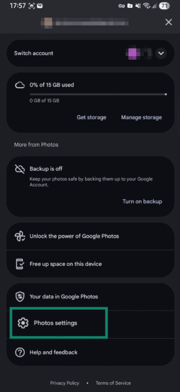 Google Photos account menu with Photos settings highlighted on Android.