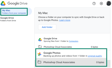 Google Photos backup settings in Google Drive for desktop.