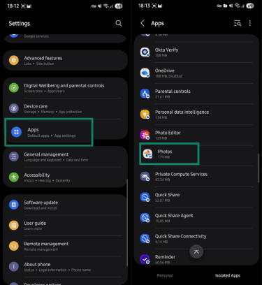 Android Settings and Apps screens showing Google Photos.