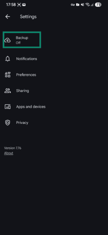 Google Photos Settings screen with Backup option highlighted on Android