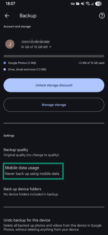 Google Photos Backup settings screen with Mobile data usage option on Android.