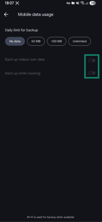 Google Photos Mobile data usage settings with mobile backup options turned off.