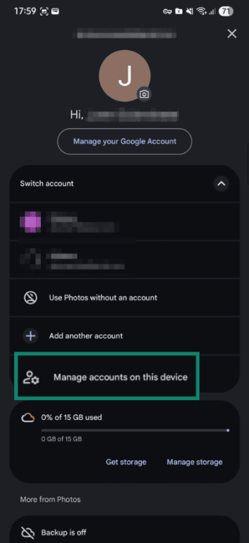 Google Photos account menu showing Manage accounts on this device.